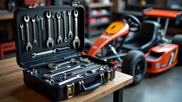 Go-kart toolbox with wrenches, sockets, and repair tools on a workbench, red racing kart in background for DIY maintenance and performance tuning."