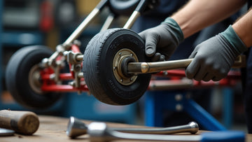 Mechanic replacing go-kart axle with a socket wrench, close-up of hands wearing gloves adjusting wheel assembly.