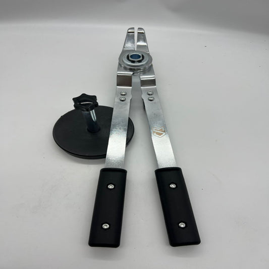 Metal tool with black handles on a white background