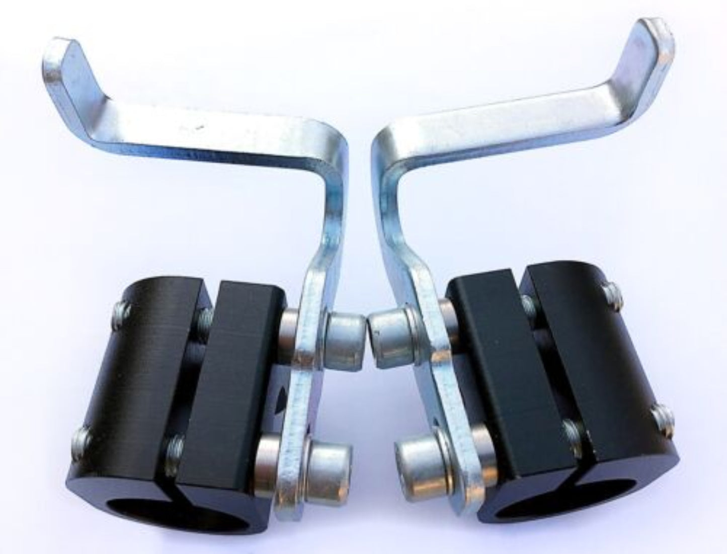 A pair of black and silver bumper savers for karts, consisting of metal clamps and bolts.