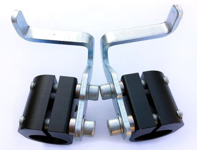 A pair of black and silver bumper savers for karts, consisting of metal clamps and bolts.